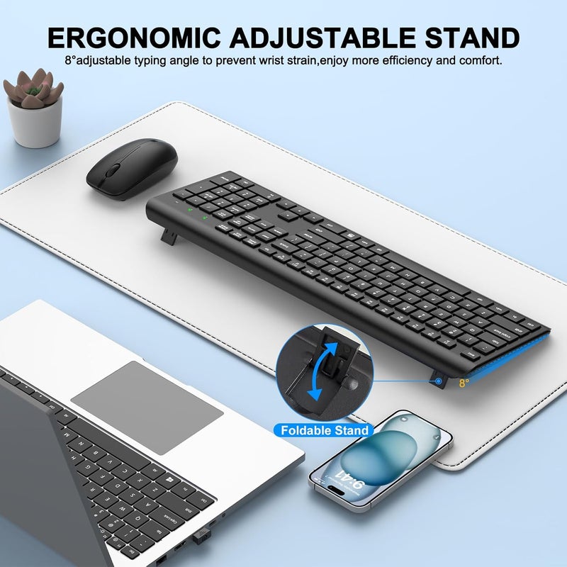 QUASIO Wireless Keyboard and Mouse Combo, Full-Size Silent Ergonomic Keyboard and Optical Mouse, Long Battery Life, 2.4GHz Lag-Free Cordless Mice Keyboard for Computer, Mac, Laptop, PC, Windows - Image 4